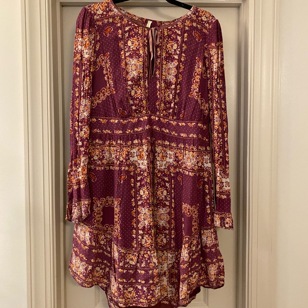 Free People Burgundy Floral Tie-Neck Long-Sleeve Bohemian Dress